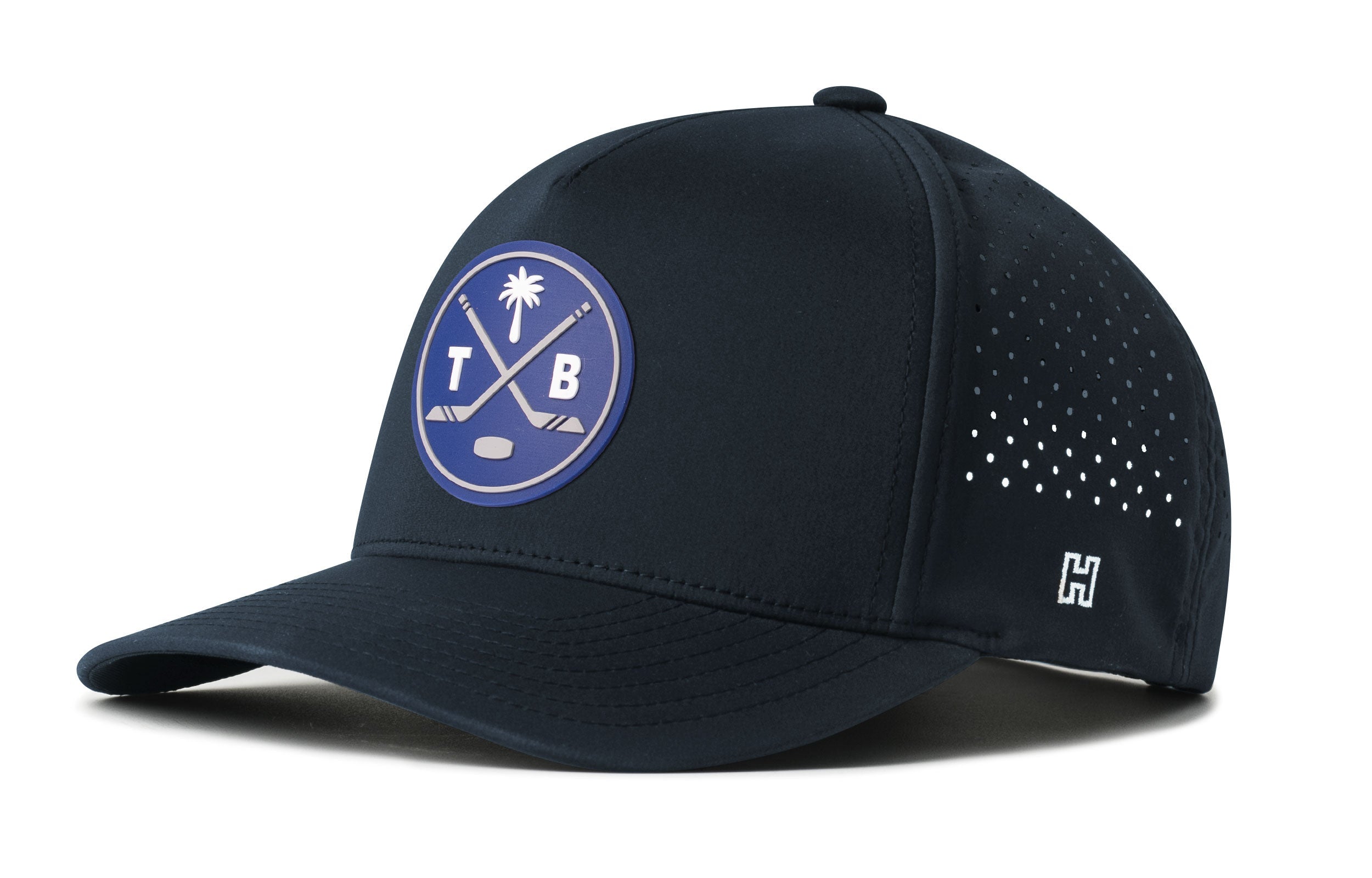 Navy 5-panel performance snapback hat with TB logo patch and perforated side
