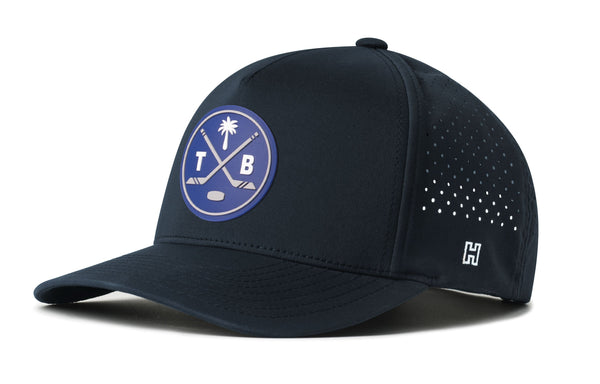 Navy 5-panel performance snapback hat with TB logo patch and perforated side