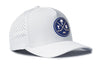 White 5-panel performance snapback hat with TB logo patch and dotted perforation