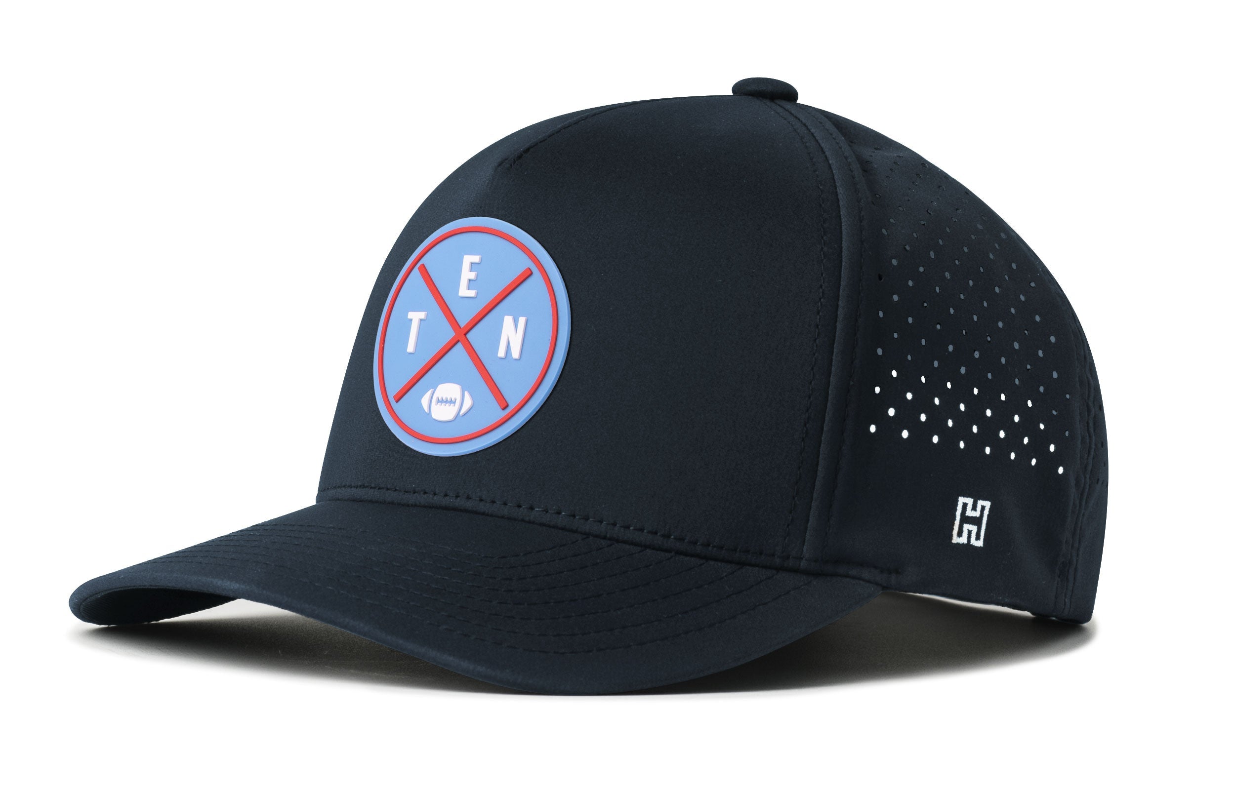 Navy 5-panel snapback hat with circular logo patch and perforated side panels