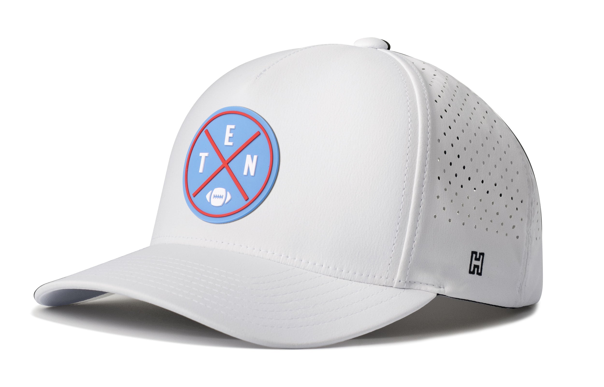 White 5-panel snapback hat with circular logo patch and perforated side panels