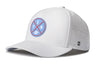 White 5-panel snapback hat with circular logo patch and perforated side panels