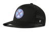 Black 5-panel snapback hat with circular logo patch and perforated side panels
