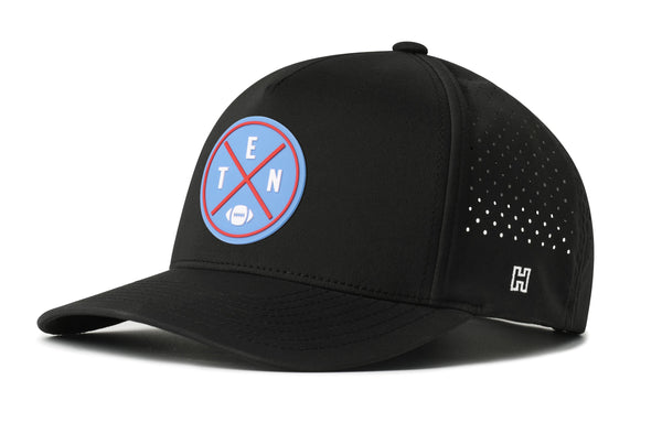 Black 5-panel snapback hat with circular logo patch and perforated side panels