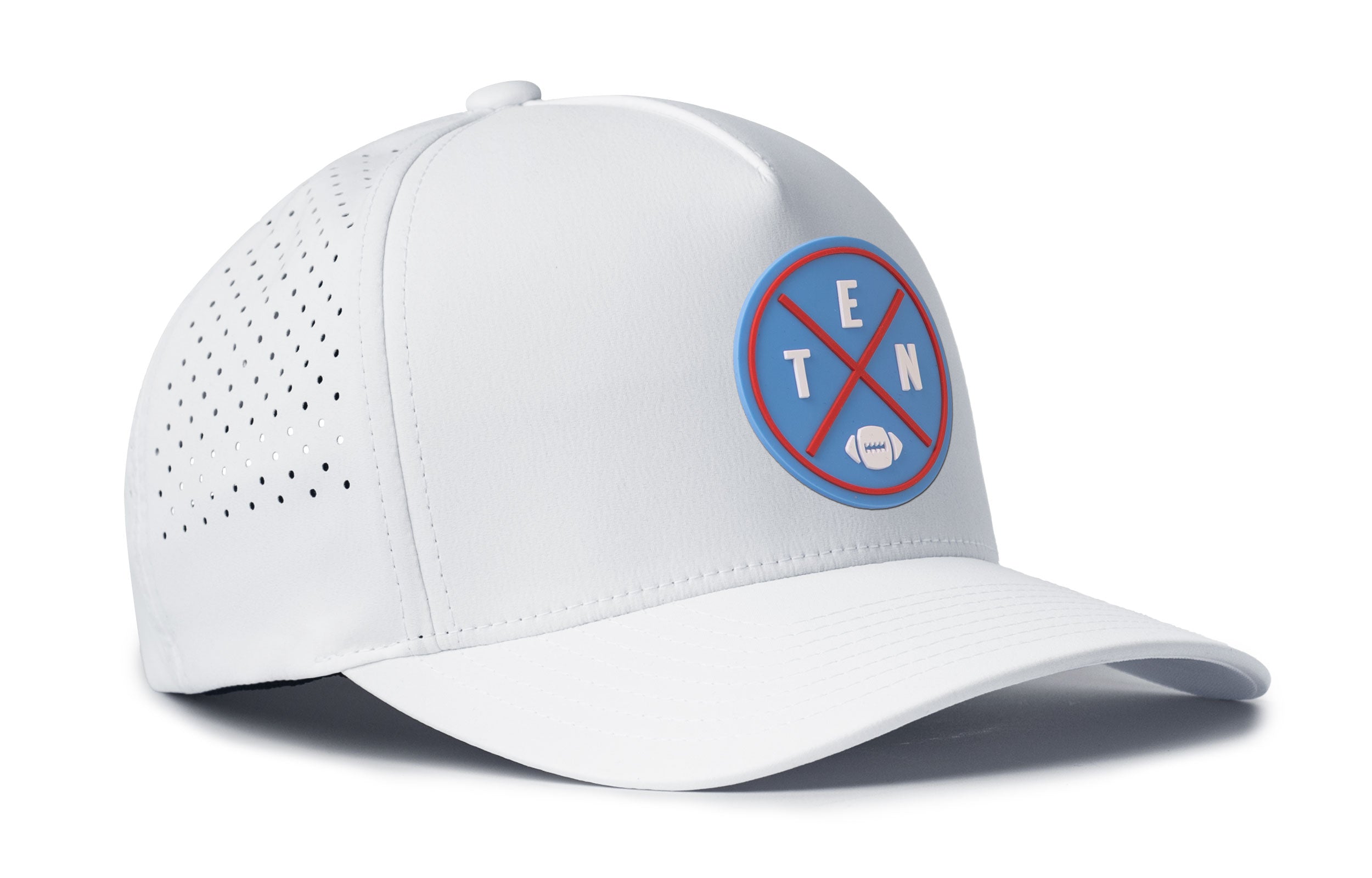 White 5-panel snapback hat shown from the side with circular logo patch