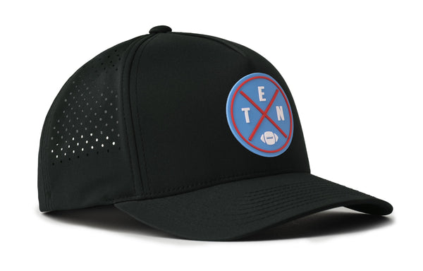Black 5-panel snapback hat shown from the side with circular logo patch