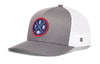 Light gray trucker cap with white mesh side, round logo patch, and H emblem
