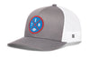 Gray and white trucker cap with mesh sides and round TEN logo patch on front