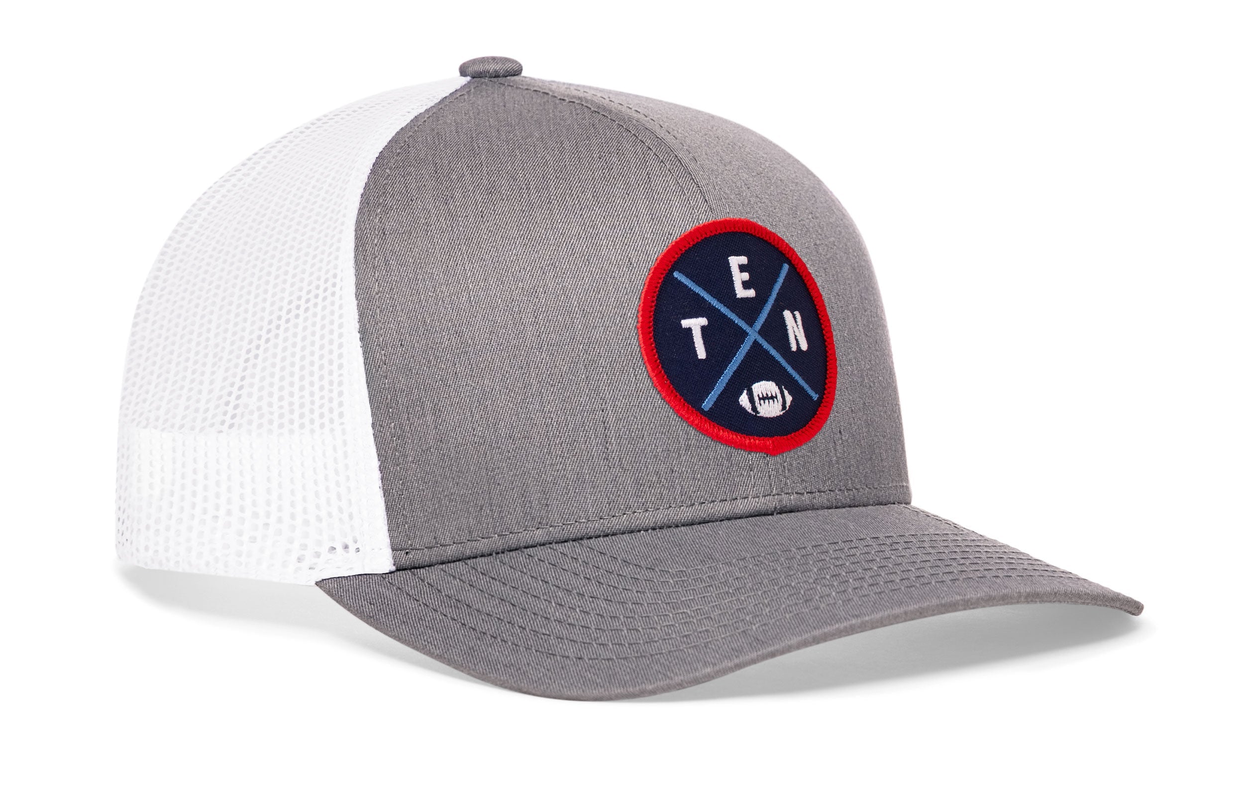 Gray trucker cap with white mesh side panels, round logo patch, and small H emblem