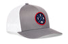 Gray trucker cap with white mesh side panels, round logo patch, and small H emblem