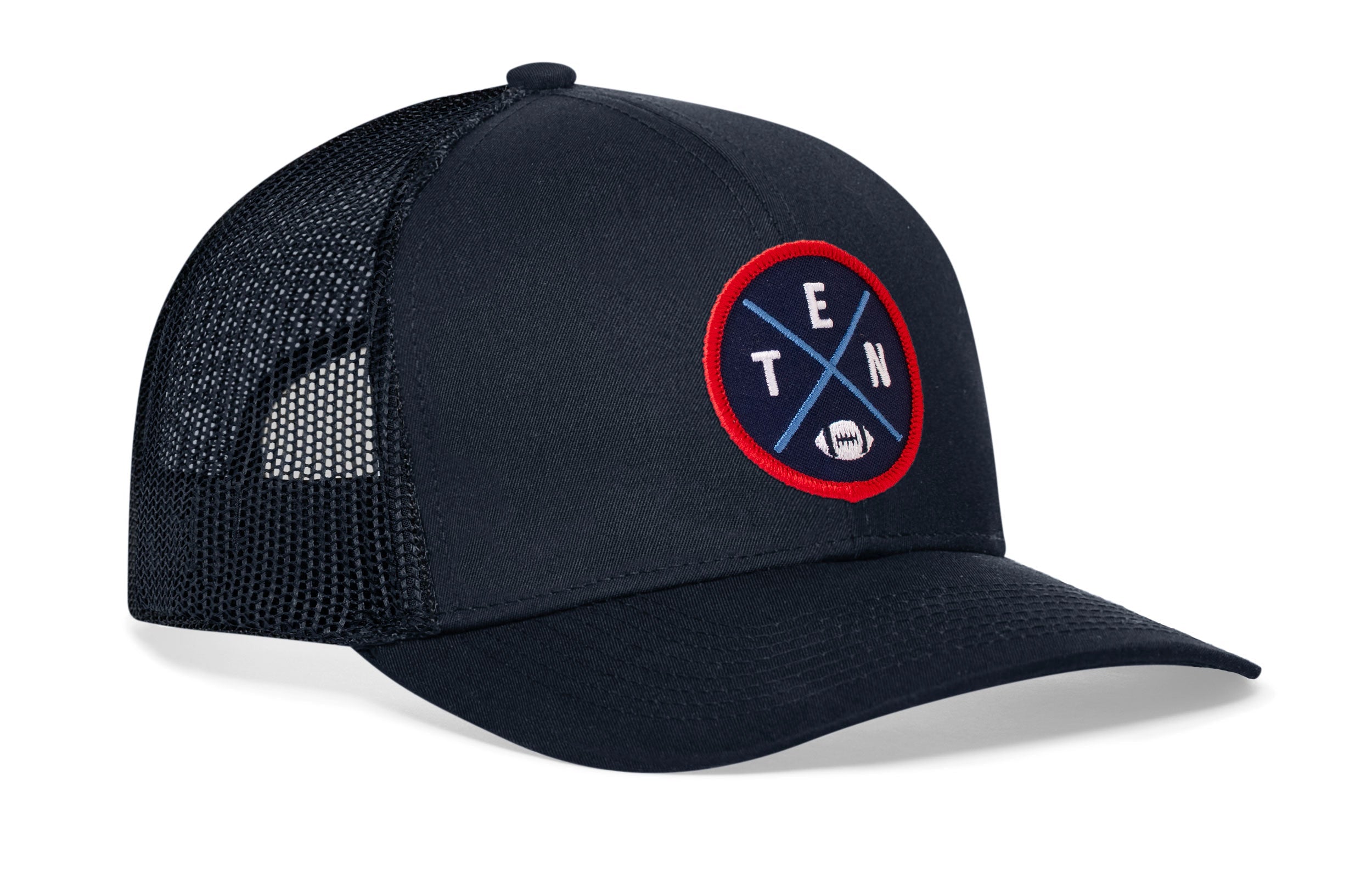 Black trucker cap with mesh side panels, round logo patch, and small H emblem