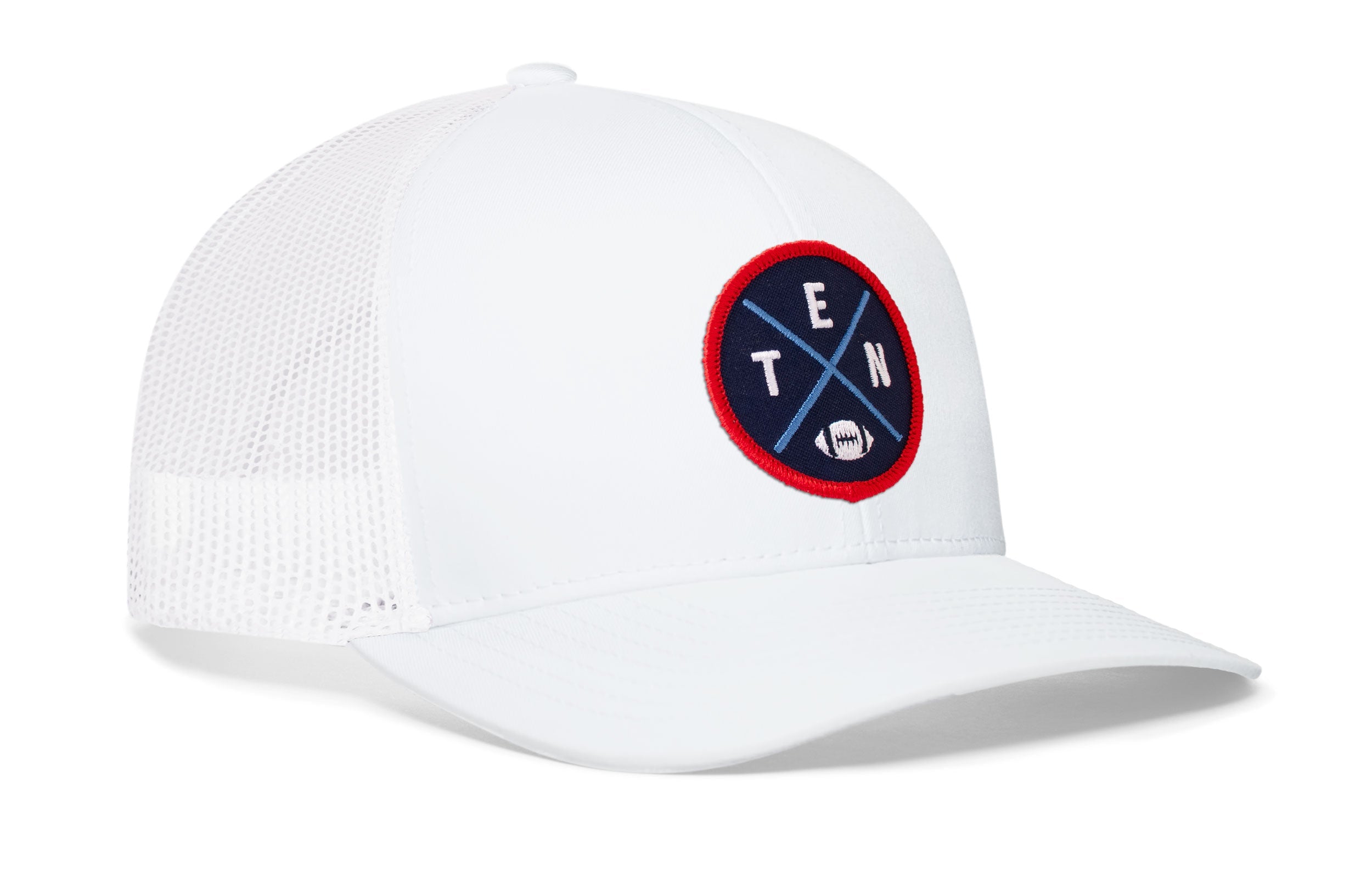 White trucker cap with mesh side panels, round logo patch, and small H emblem
