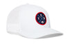 White trucker cap with mesh side panels, round logo patch, and small H emblem