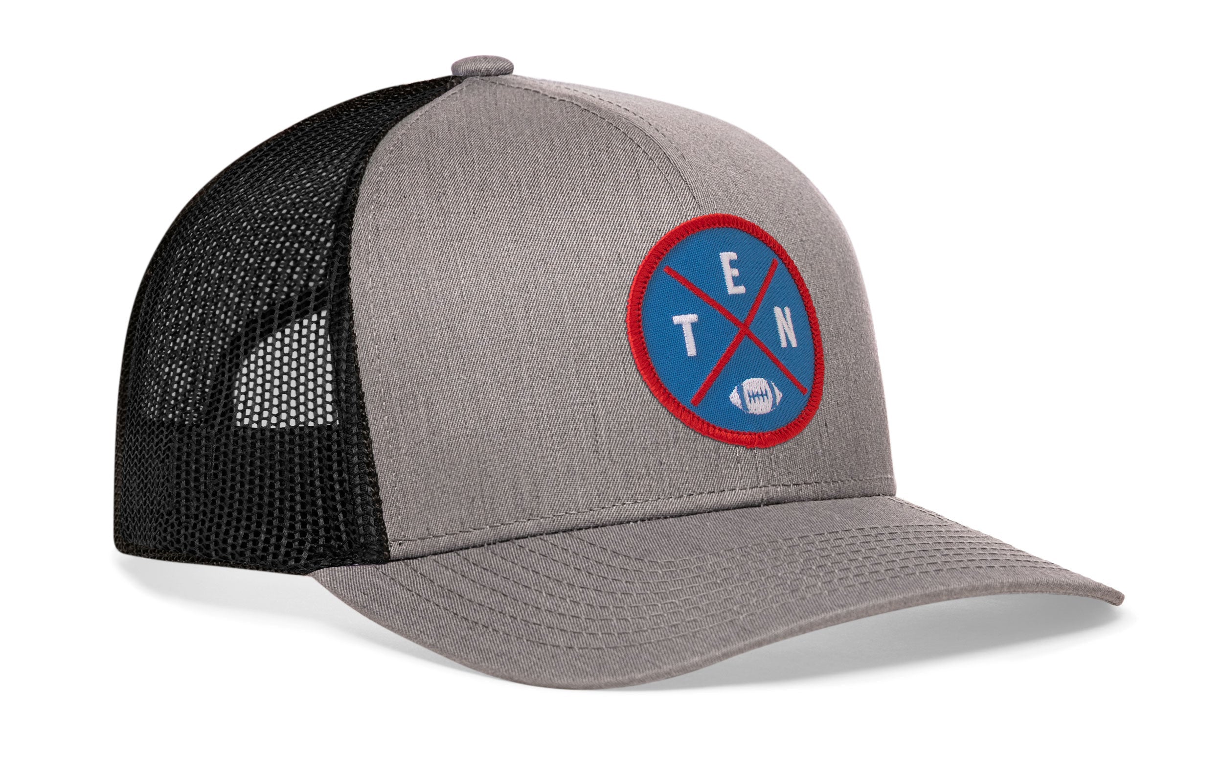 Gray and black trucker cap with round TEN logo patch on front and mesh side panels