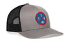 Gray and black trucker cap with round TEN logo patch on front and mesh side panels