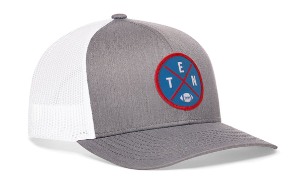 Gray and white trucker cap with round TEN logo patch on front and mesh side panels