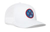 White trucker cap with round TEN logo patch on front and mesh side panels