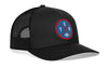 Black trucker cap with round TEN logo patch on front and mesh side panels