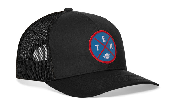 Black trucker cap with round TEN logo patch on front and mesh side panels
