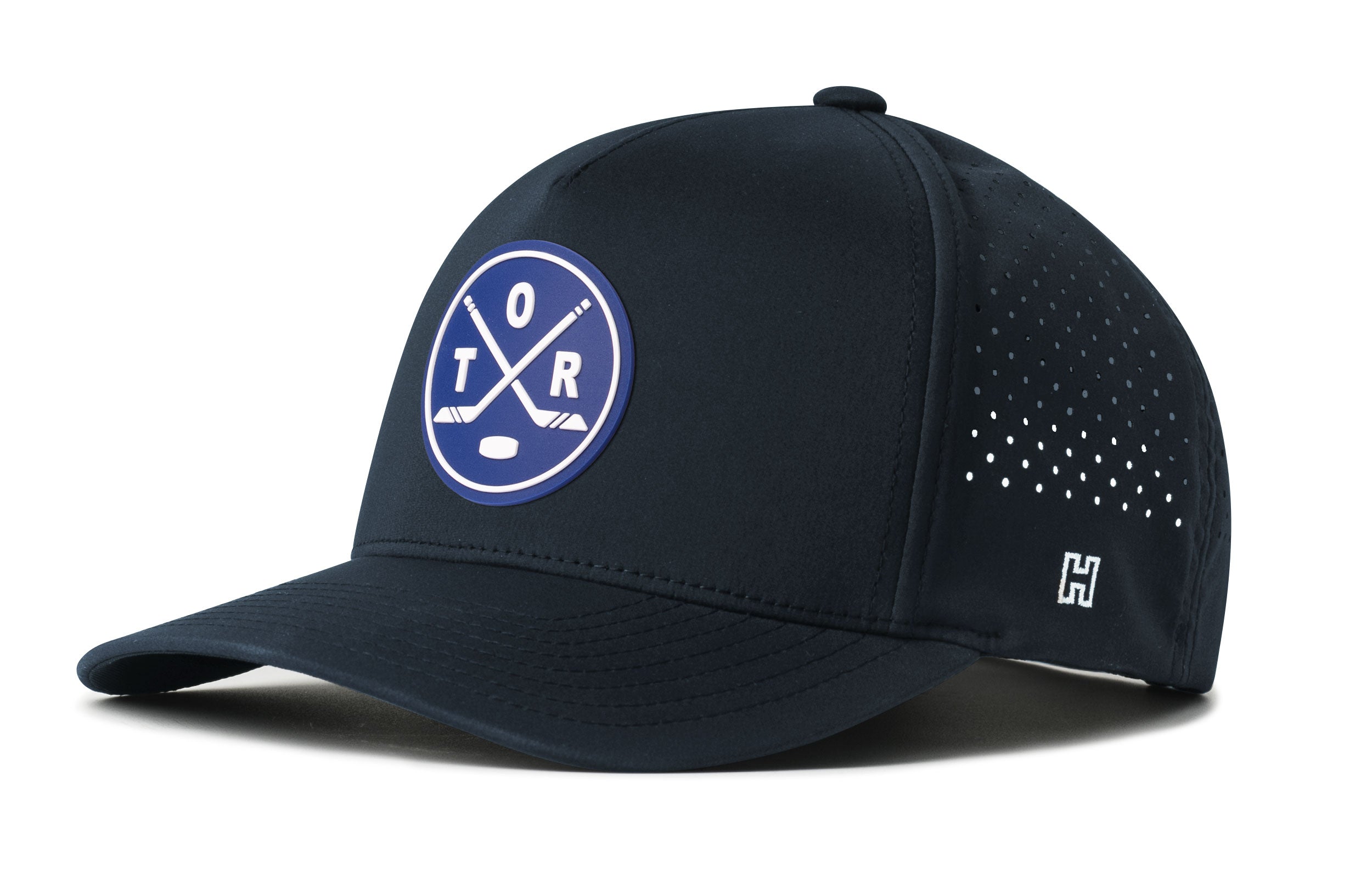 Navy 5-panel snapback hat with TOR X logo and perforated right side