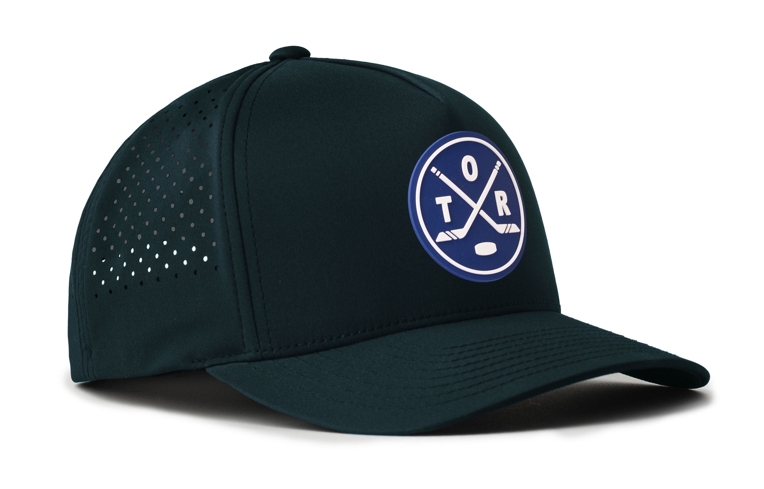 Dark teal 5-panel snapback hat with TOR X patch and perforated side panel