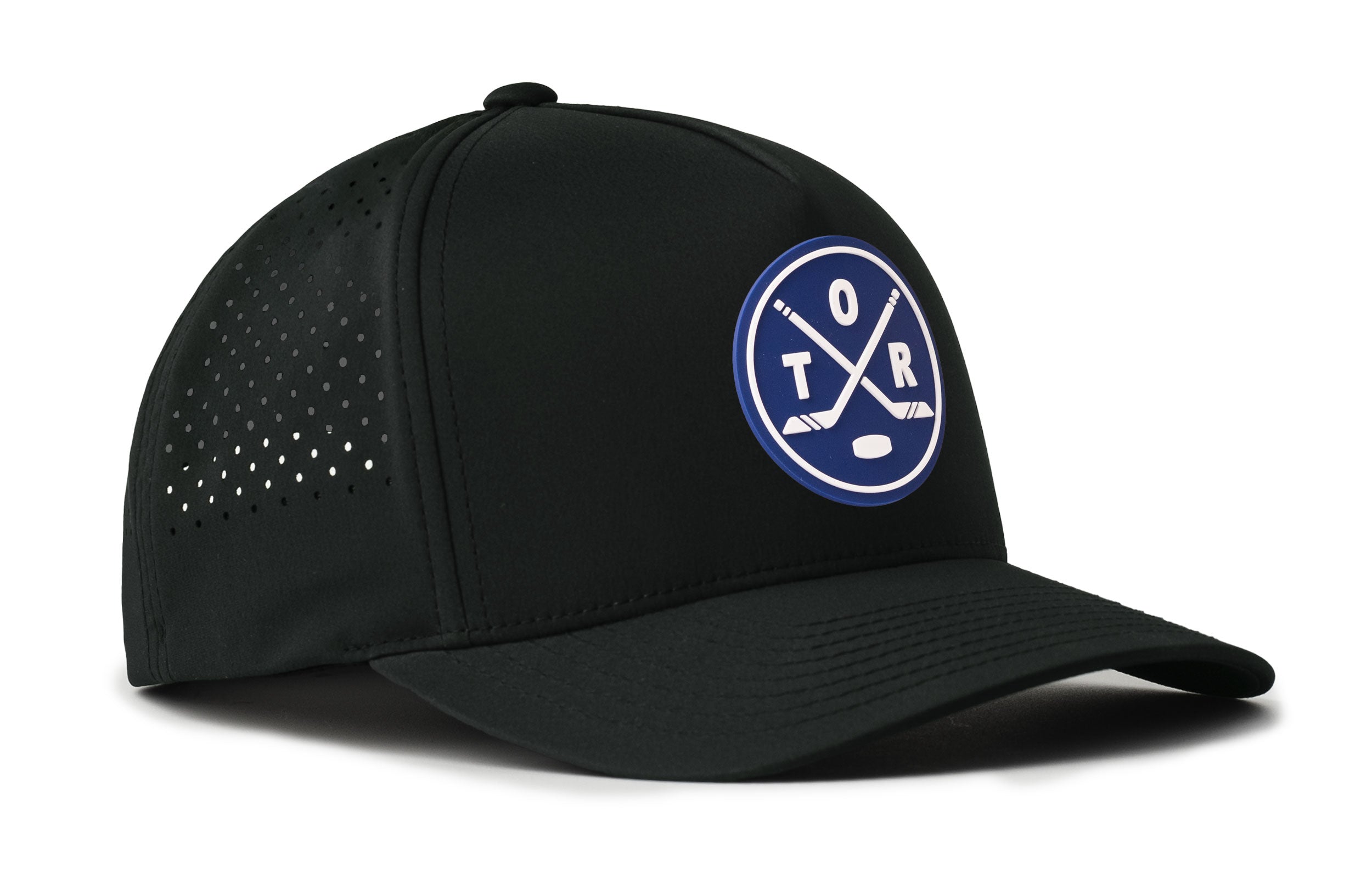 Black 5-panel snapback hat with TOR X patch, perforated panels, curved brim