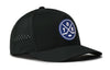 Black 5-panel snapback hat with TOR X patch, perforated panels, curved brim