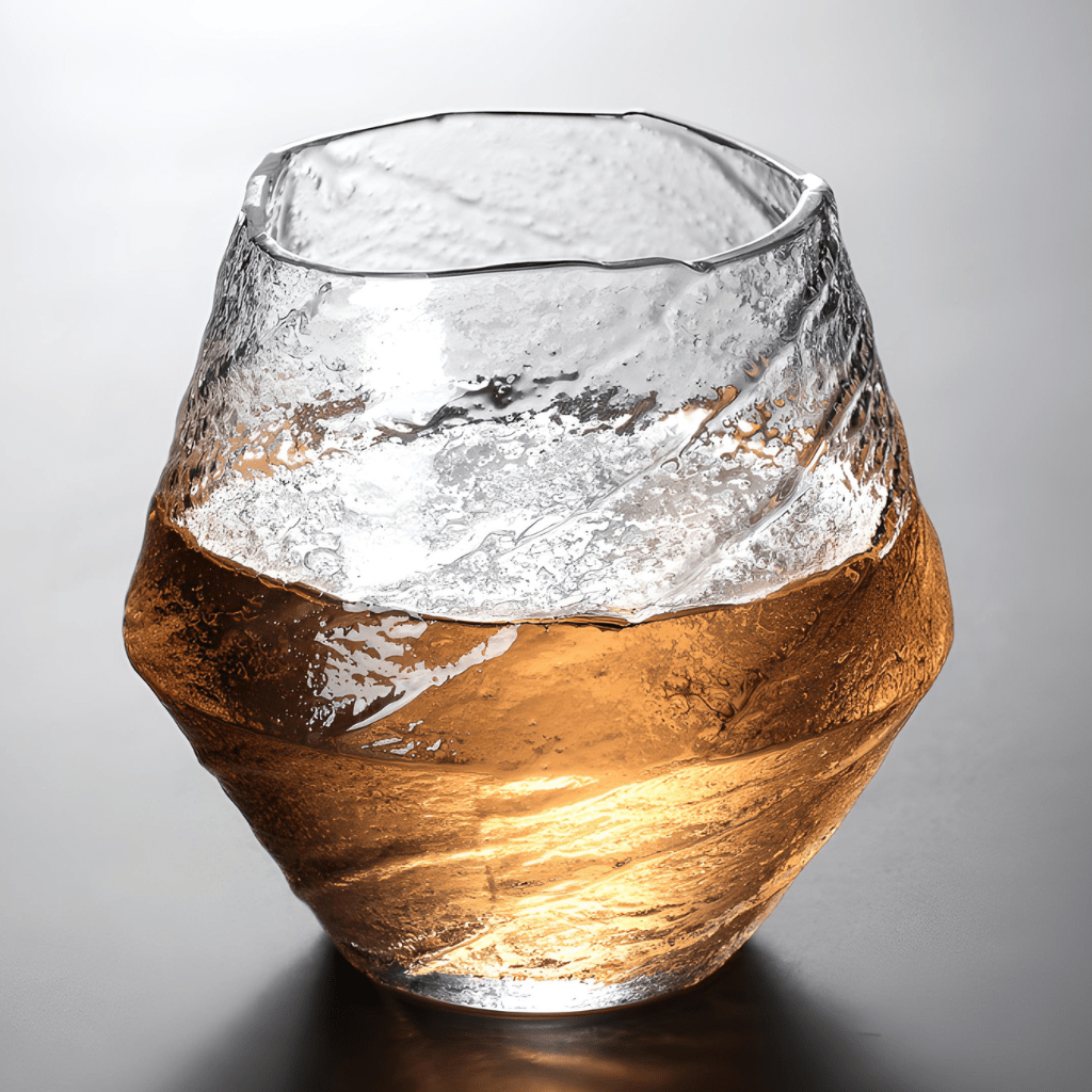 Faceted crystal whisky glass with amber liquid, textured clear glass walls