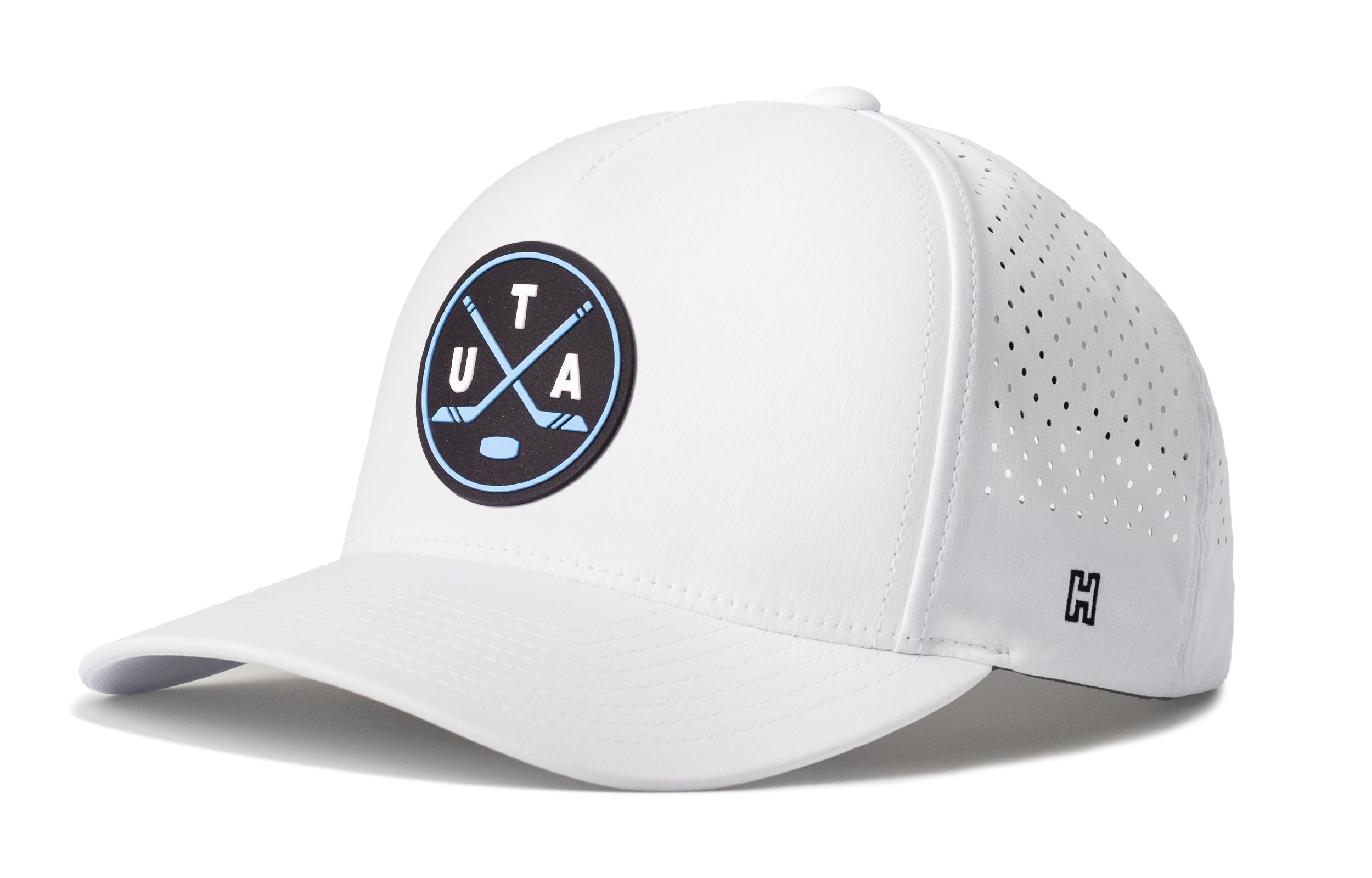 White 5-panel performance snapback hat with circular Utah X patch and dotted side panels