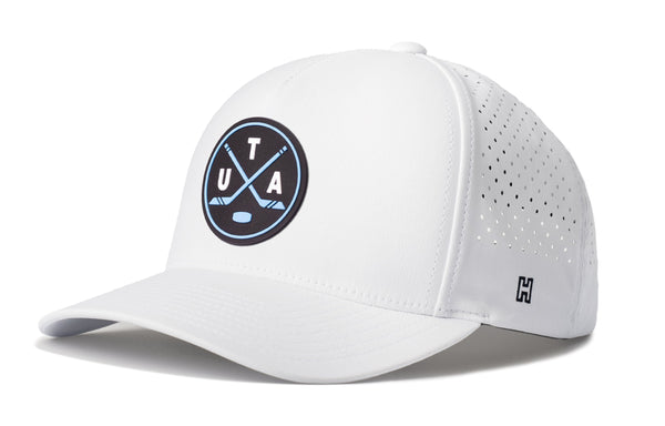 White 5-panel performance snapback hat with circular Utah X patch and dotted side panels