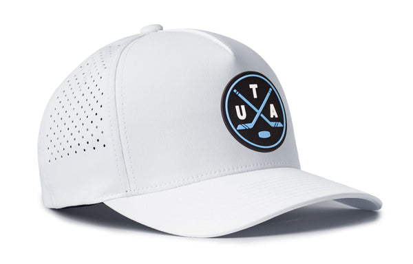 White 5-panel snapback hat with front Utah X patch and perforated side detail