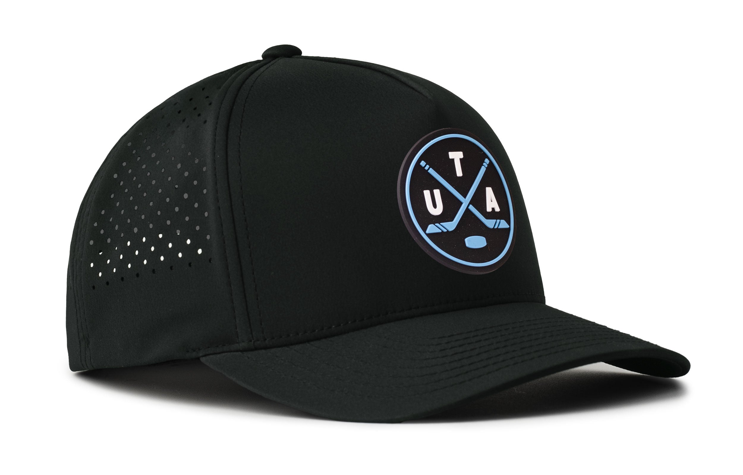 Black 5-panel snapback hat with front Utah X patch and perforated side detail