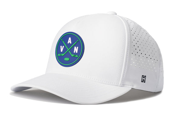 White five-panel performance cap with front patch logo and perforated side panels