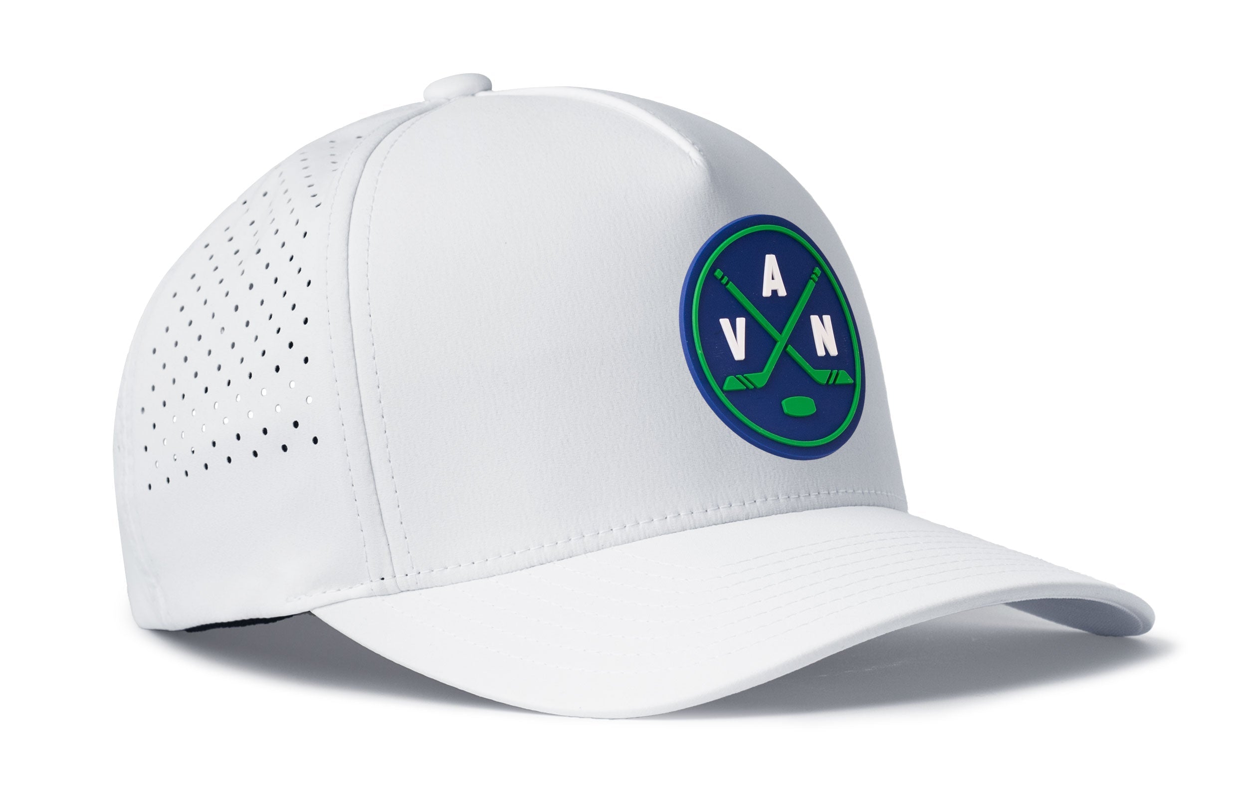White five-panel cap with front patch logo, curved brim, and perforated side