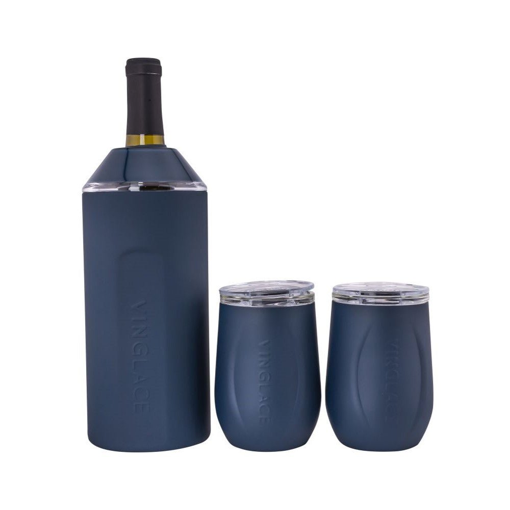 Navy wine bottle cooler with two matching tumbler cups