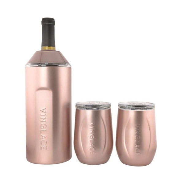 Rose gold wine bottle cooler with two matching tumbler cups