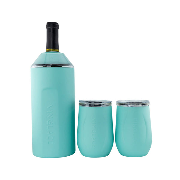 Sea glass teal wine bottle cooler with two matching tumbler cups