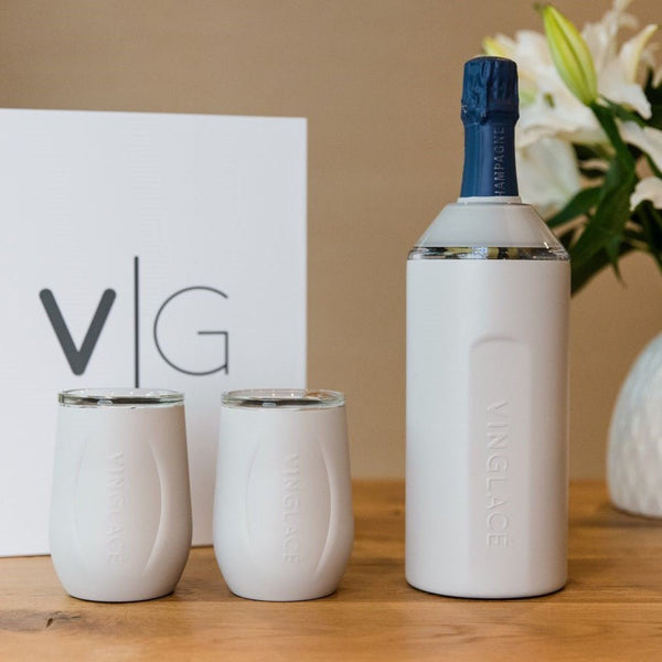 Gift set bottle cooler and two wine tumblers, white finish