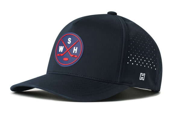 Navy 5-panel hockey snapback cap with red/white shield logo and perforated side panels