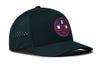 Dark teal 5-panel snapback cap with red/white shield patch logo and curved brim