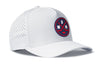 White 5-panel snapback cap with red/white shield patch logo and curved brim