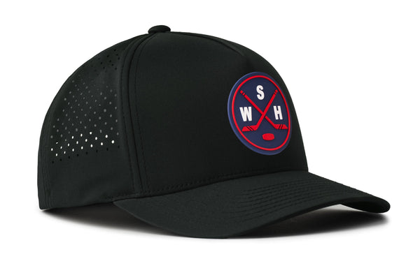 Black 5-panel snapback cap with red/white shield patch logo and curved brim