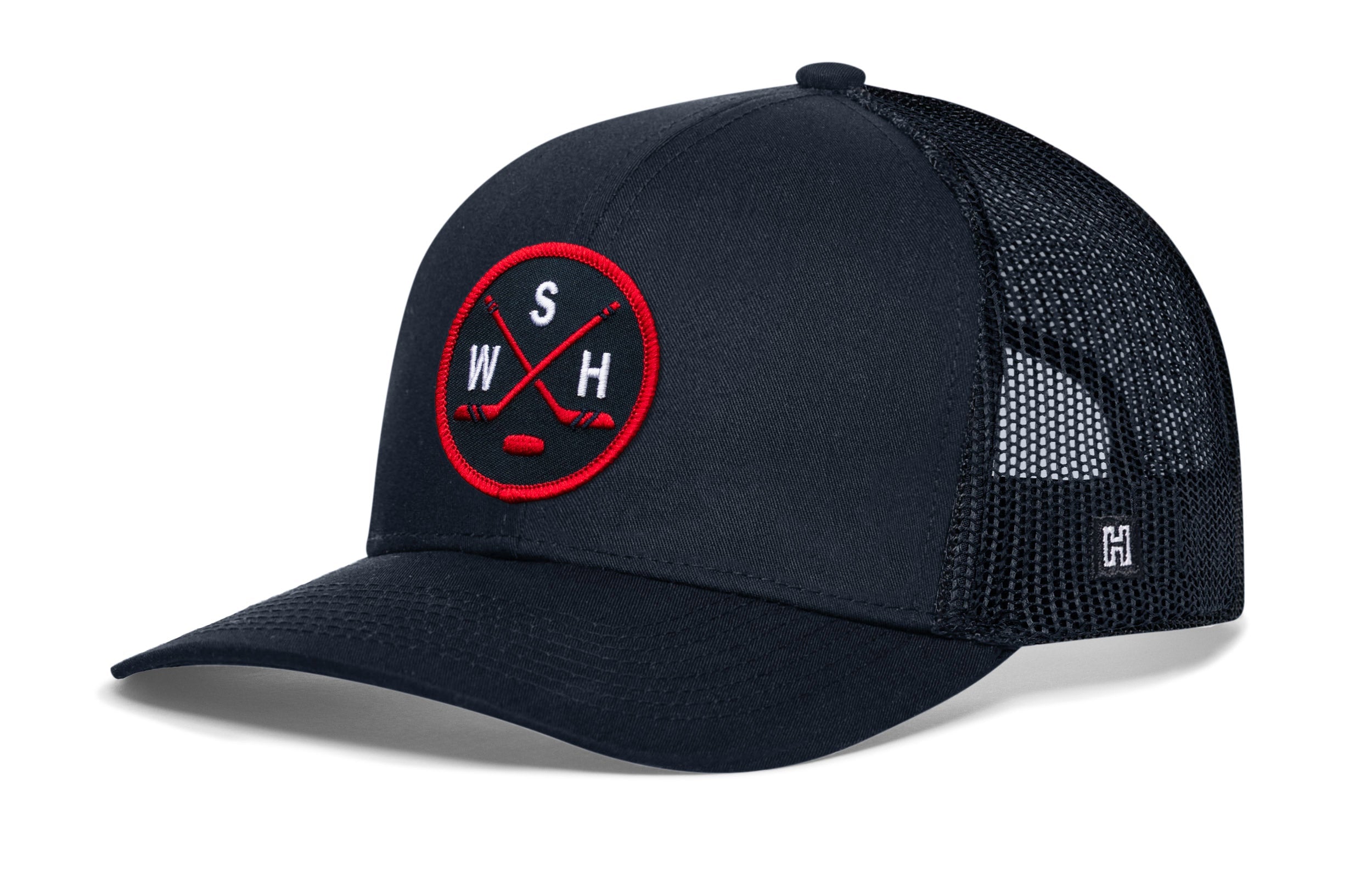 Black trucker cap with red-and-white logo patch and black mesh side panels, snapback.