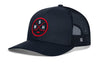 Black trucker cap with red-and-white logo patch and black mesh side panels, snapback.