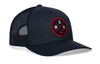 Navy trucker cap with red-and-white logo patch and navy mesh side panels, curved brim.