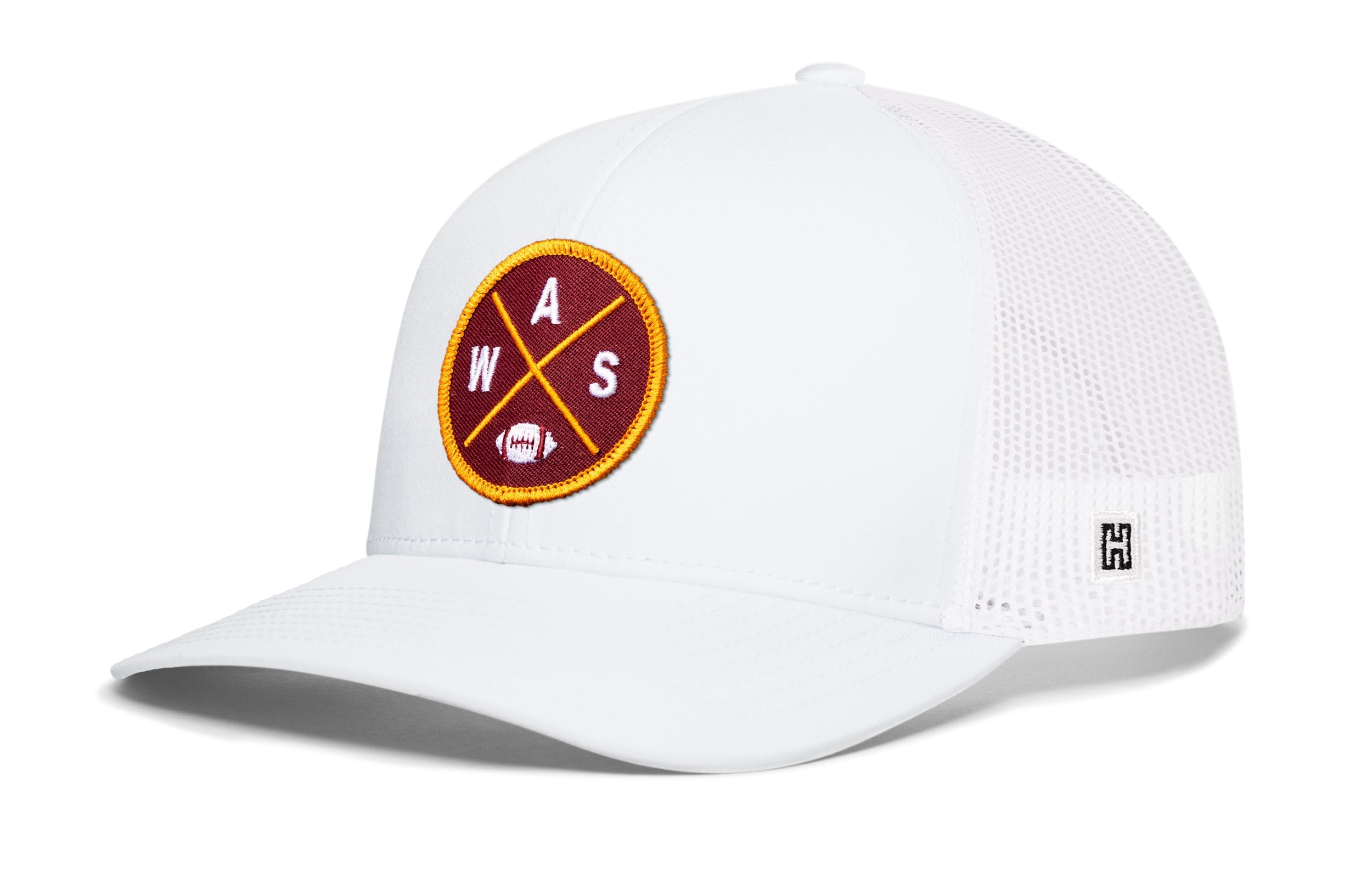 White trucker hat with WAS logo patch, white mesh back and curved brim.