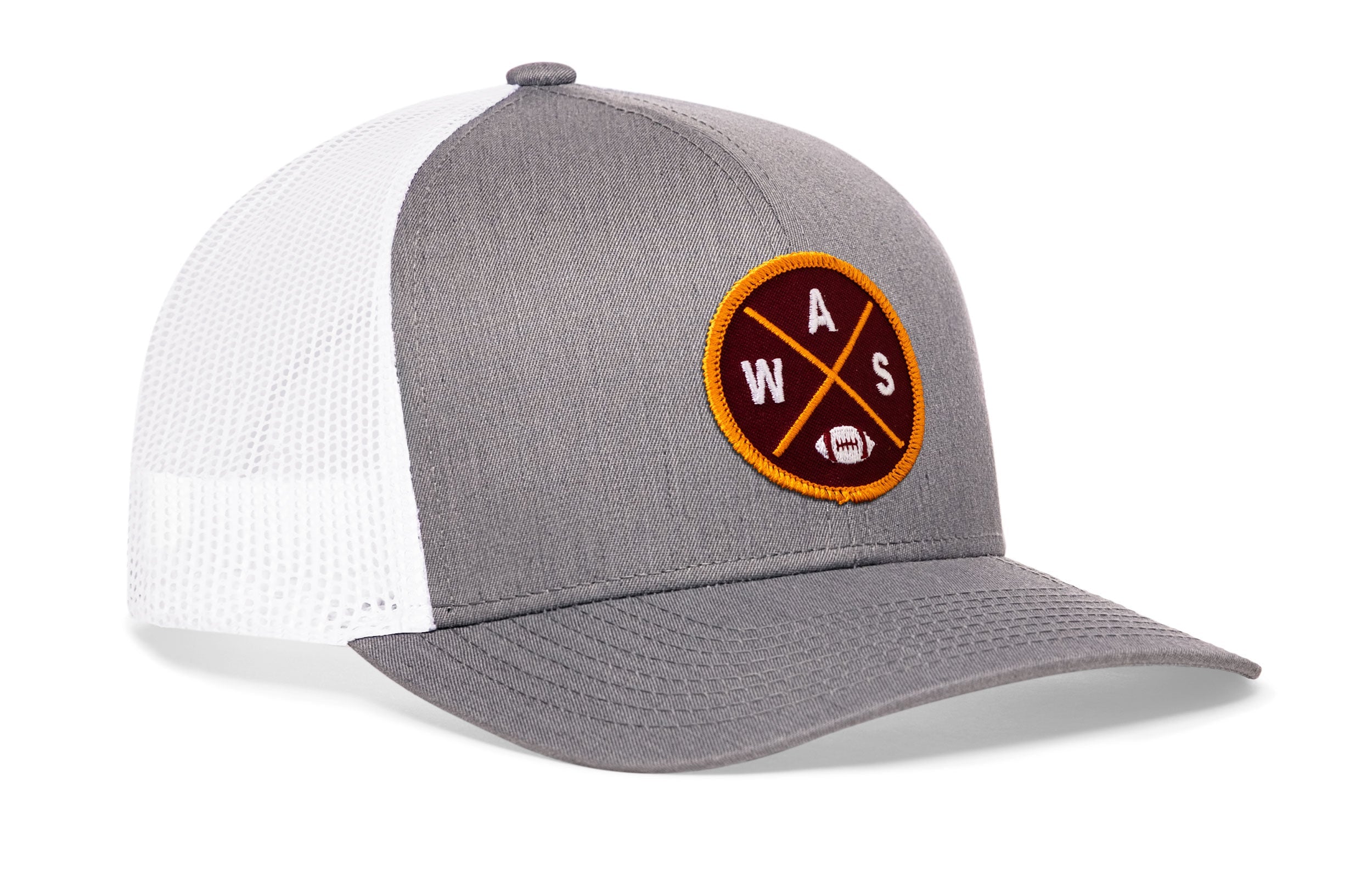 Gray front trucker hat with WAS logo patch, white mesh panel back and curved brim.