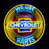 Round neon sign with yellow ring, Chevrolet bowtie and Genuine Parts