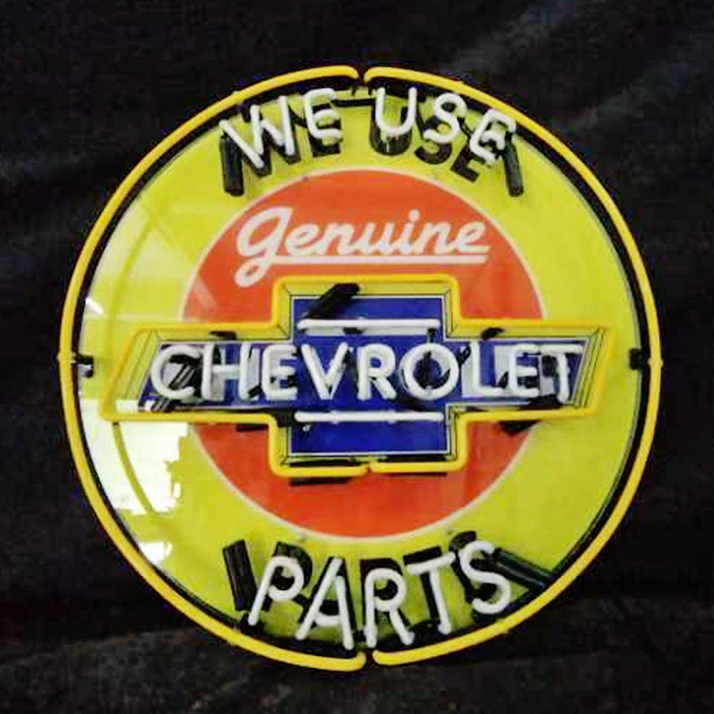 Round neon sign with yellow ring, orange center, Chevrolet bowtie, Genuine Parts