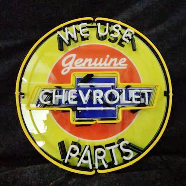 Round neon sign with yellow ring, orange center, Chevrolet bowtie, Genuine Parts
